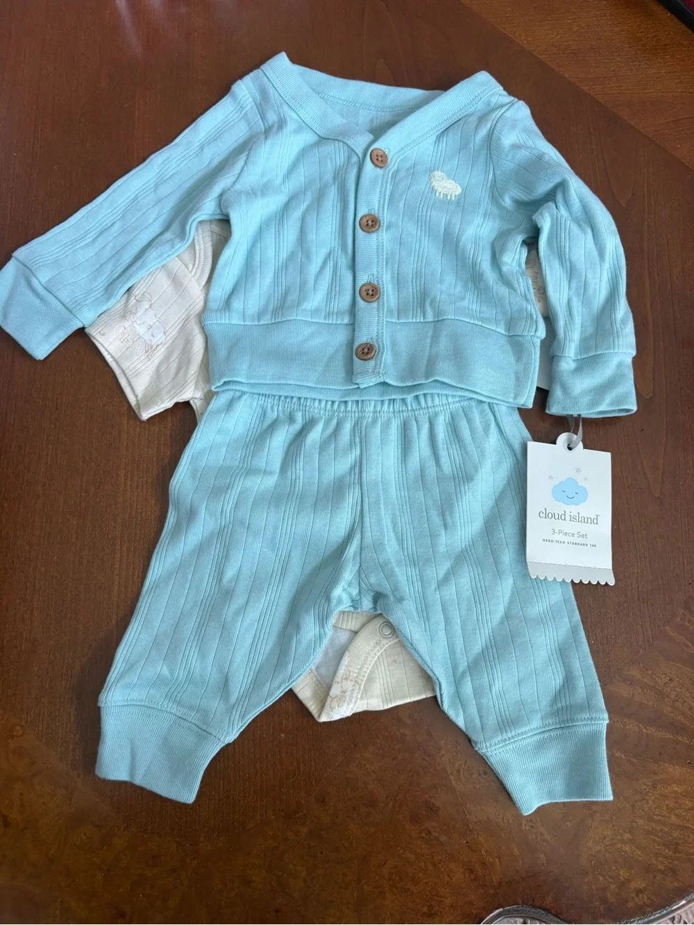 cloud island light blue baby ribbed 3-piece set with cream bodysuit